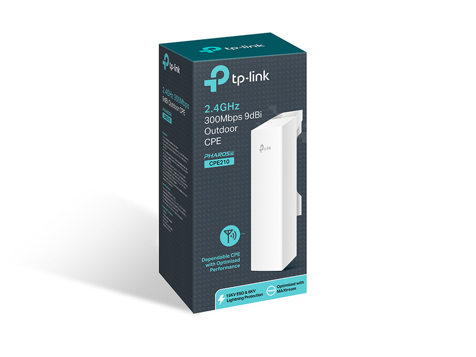 TP-Link CPE210 2.4GHz 300Mbps 9dBi Pharos Outdoor CPE with 2x2 dual-polarized directional MIMO antenna TP-Link CPE210 2.4GHz 300Mbps 9dBi Pharos Outdoor CPE with 2x2 dual-polarized directional MIMO antenna